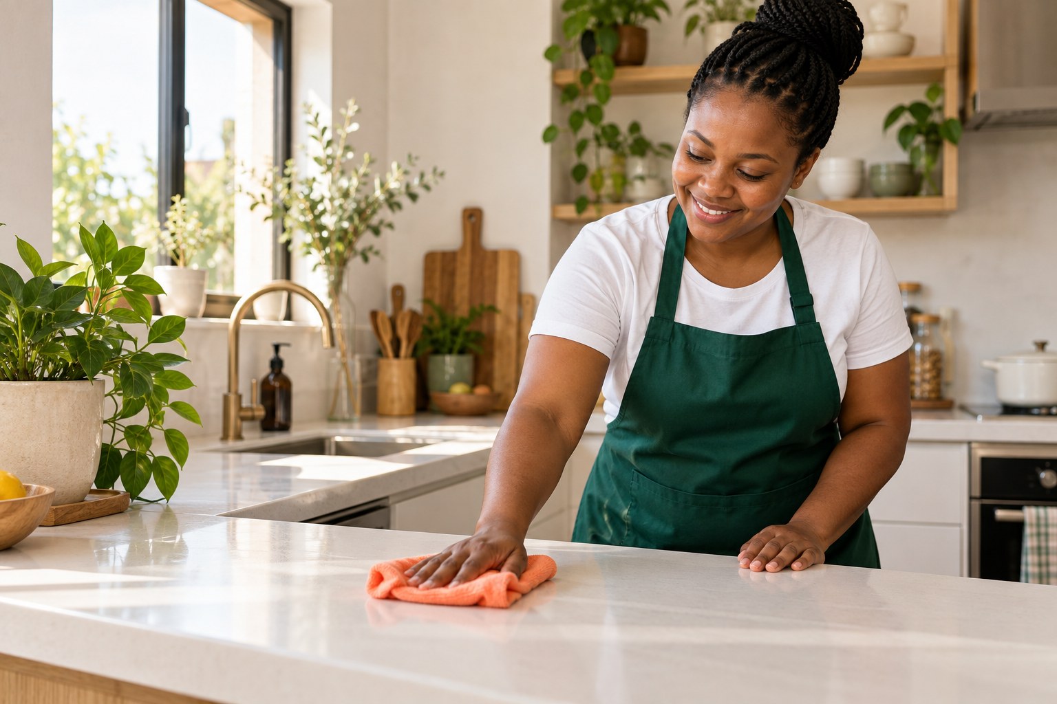 A domestic helper wiping a kitchen counter in a bright home